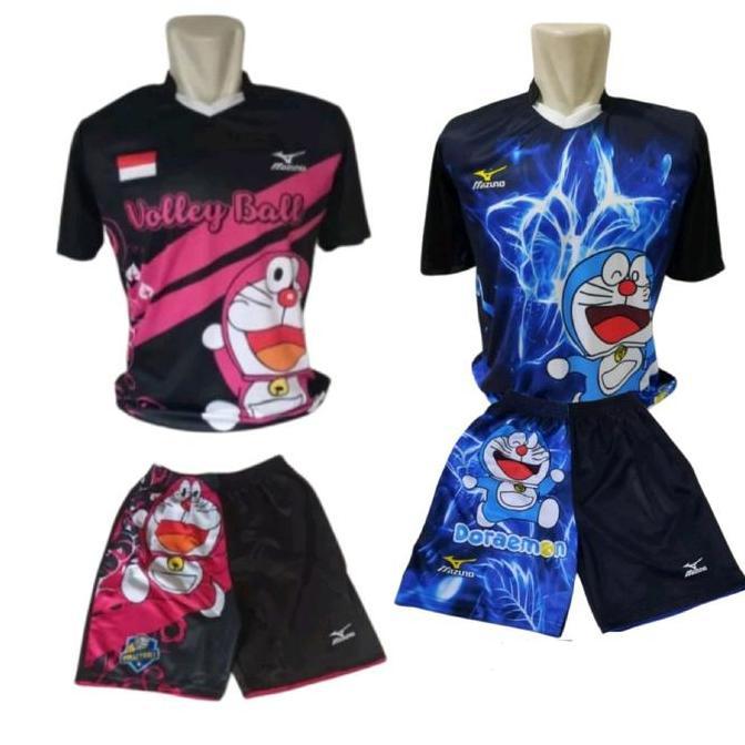 kaos olahraga voli printing baju voli motif doraemon Setelan Sport .
