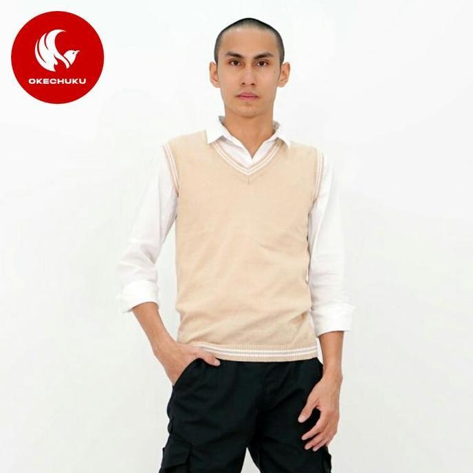 Cool- Okechuku Rompi Rajut Pria Vest Rajut Pria Krem List Putih Vest Pria