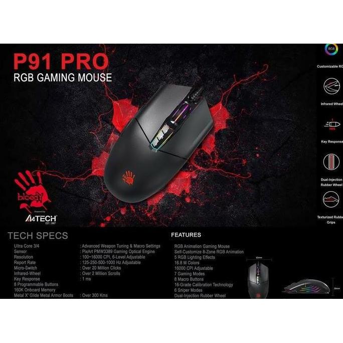 The- Bloody P91 Pro Rgb Ultra Core 3+4 Activated Gaming Mouse 16K Dpi Pmw3389