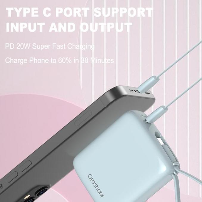 Orashare PM10C 10000mAh Super Mini Powerbank PD20W Fast Charging Built In Type-C Cable For iP 15
