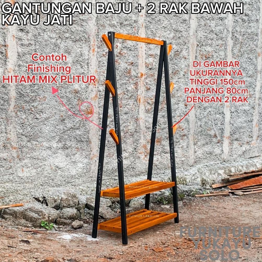 Promo Baru Gantungan Baju + Rak Bawah Kayu Jati / Stand Hanger / Gawangan Baju Rak Kayu Jati / Stand