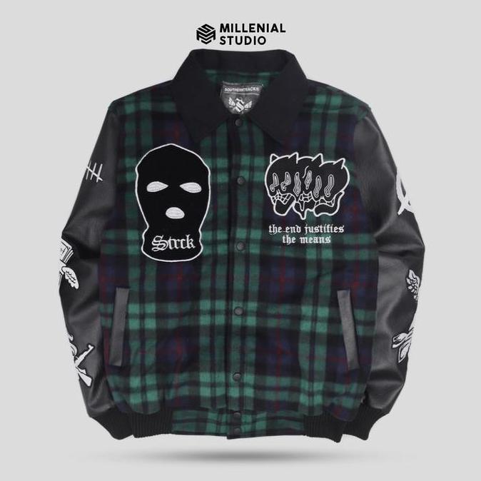 PREMIUM / Varsity Jacket Criminal Green | Jaket Varsity Kerah Flannel Pria Full Bordir Original / Ja