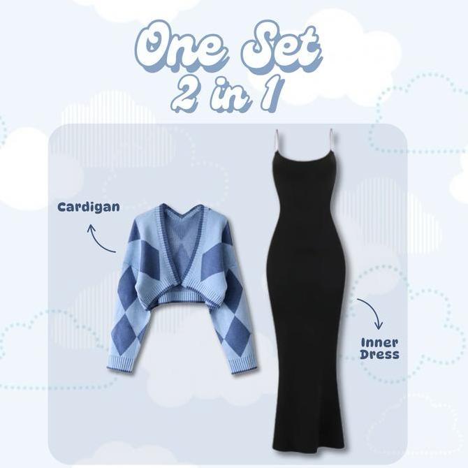 Sasha- N Style One Set 3 In 1 | Cardan Rajut Biru + Inner Dress Slim-Fit + Bella Square Denim | Uc68