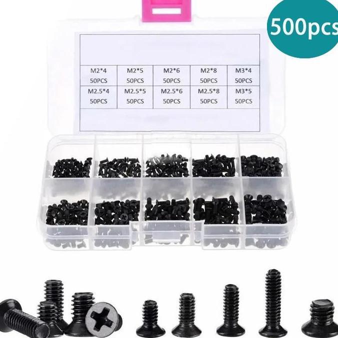 ICEBAHSA_SELLER - 500PCS SET SEKRUP KOMPUTER M2 M2.5 M3 SEKRUP SILANG HITAM KEPALA TUNDUK 10 SPESIFI