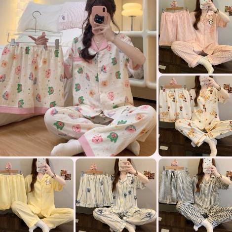 Whell- Baju Tidur Nita 3 In 1 Piyama Perempuan Cloud Cotton Set Atasan Lengan Pendek + Celana Pendek