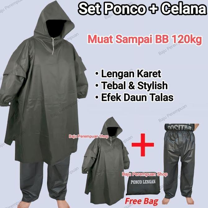 [TA] Setelan Jas Hujan Ponco Lengan + Celana PVC 100% Waterproof Bahan Mirip Axio Dewasa Ukuran Besa