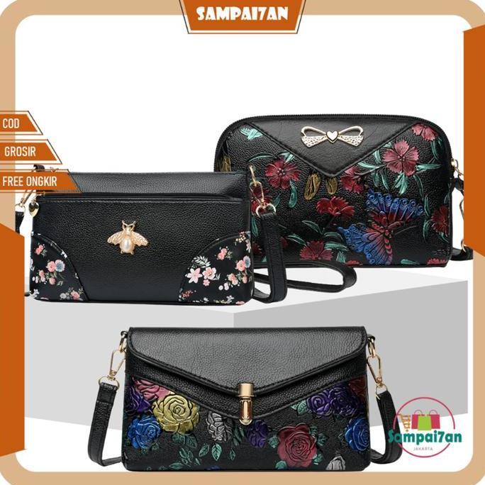 DB199 - Tas Selempang Wanita Clutch Motif Bunga Fashion Korea Import Bag Hitam Kulit T194