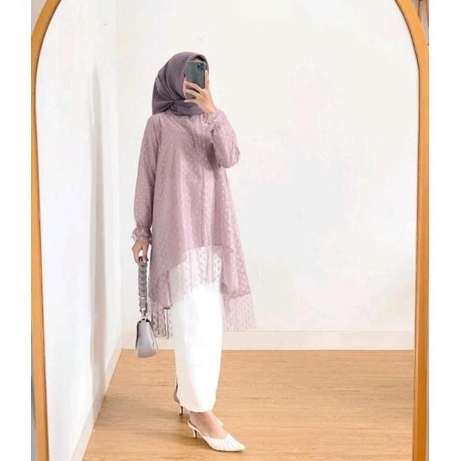 [CUCI GUDANG] ALYA TUNIC BROKAT TILE PREMIUM Polka Dot fit muslim tunik Zipper Wanita Atasan Panjang