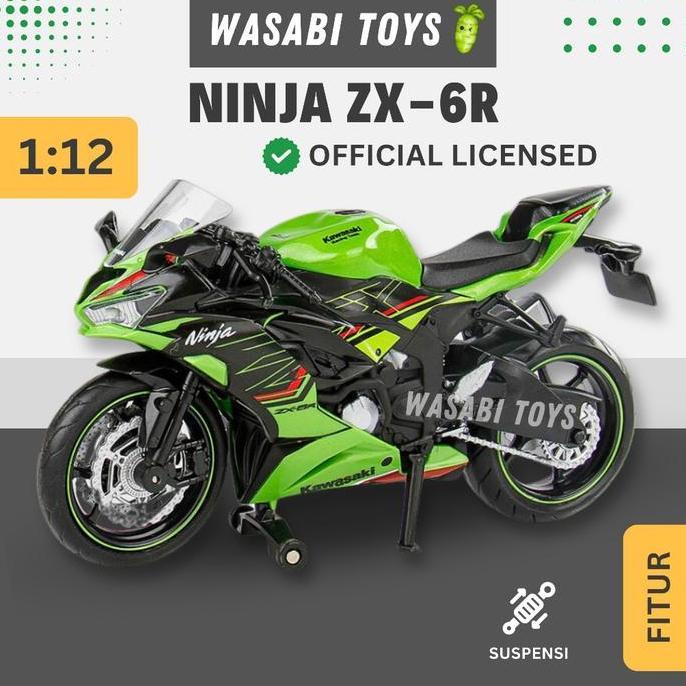 Miniatur Diecast 1:12 Ninja ZX-6R ZX 6R Official Licensed (Tangki Logam, Ban Karet, Shock Breaker)