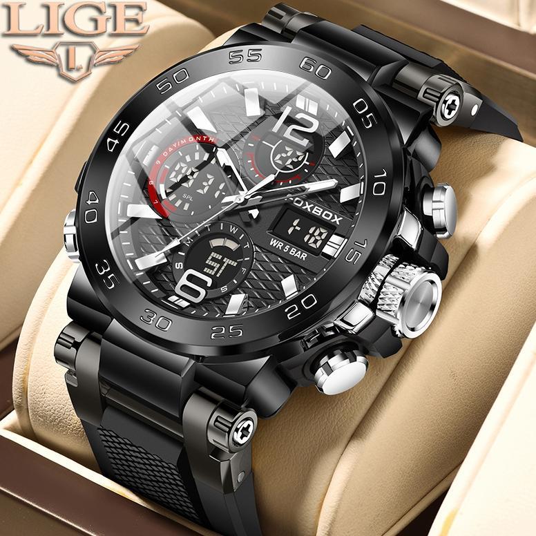 LIGE Jam Tangan Digital Bisnis Jam Tangan Penyelam Modis Asli Pria Jam Tangan Chronograph Militer Ta
