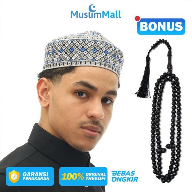 BIG SALE - Peci Pakistan Abu-abu Bordir Putih Biru Kopiah Pakistani Ori - TheKufi