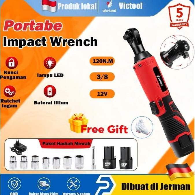 CENDASTRI Victool Kunci Rachet istrik 12V 3/8" Cordless Electric RatchetWrench Set-Torsi Kuat, Ringa