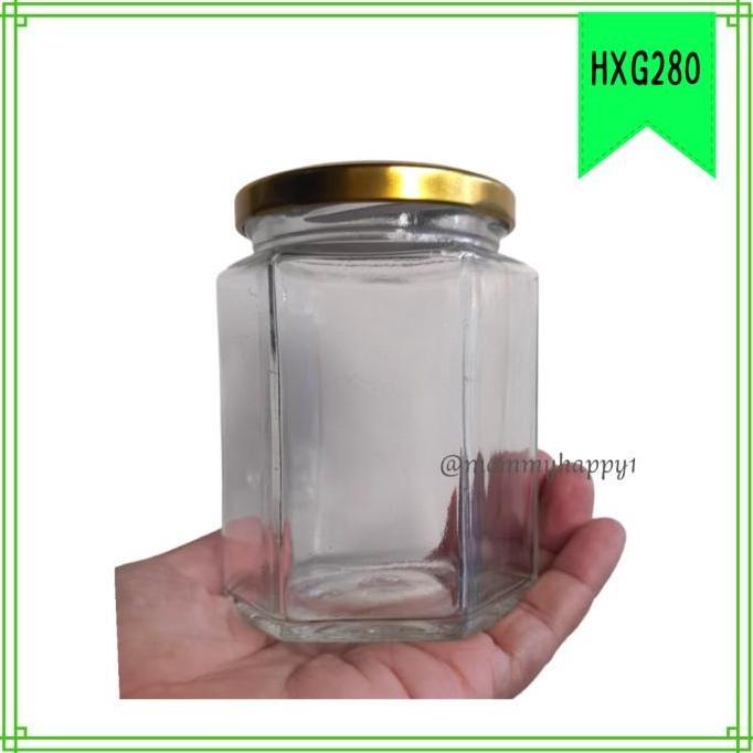 HXG280 | Jar / Botol / Toples Kaca Hexagonal 280-320 ml Tutup Gold