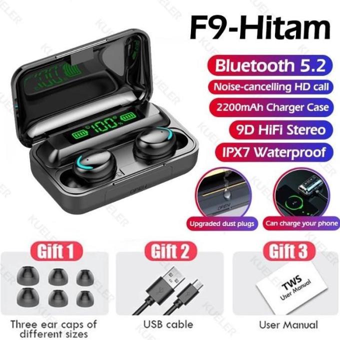 HEADSET BLUETOOTH TWS F9-5 EARPHONE HEADSET BLUETOOTH SMART DISPLAY WITH POWER BANK