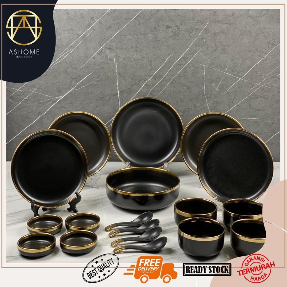 Piring Set 4 Orang Piring Makan Set Keramik Black Gold Isi 18 Pcs / Piring Set Keramik List Emas / P