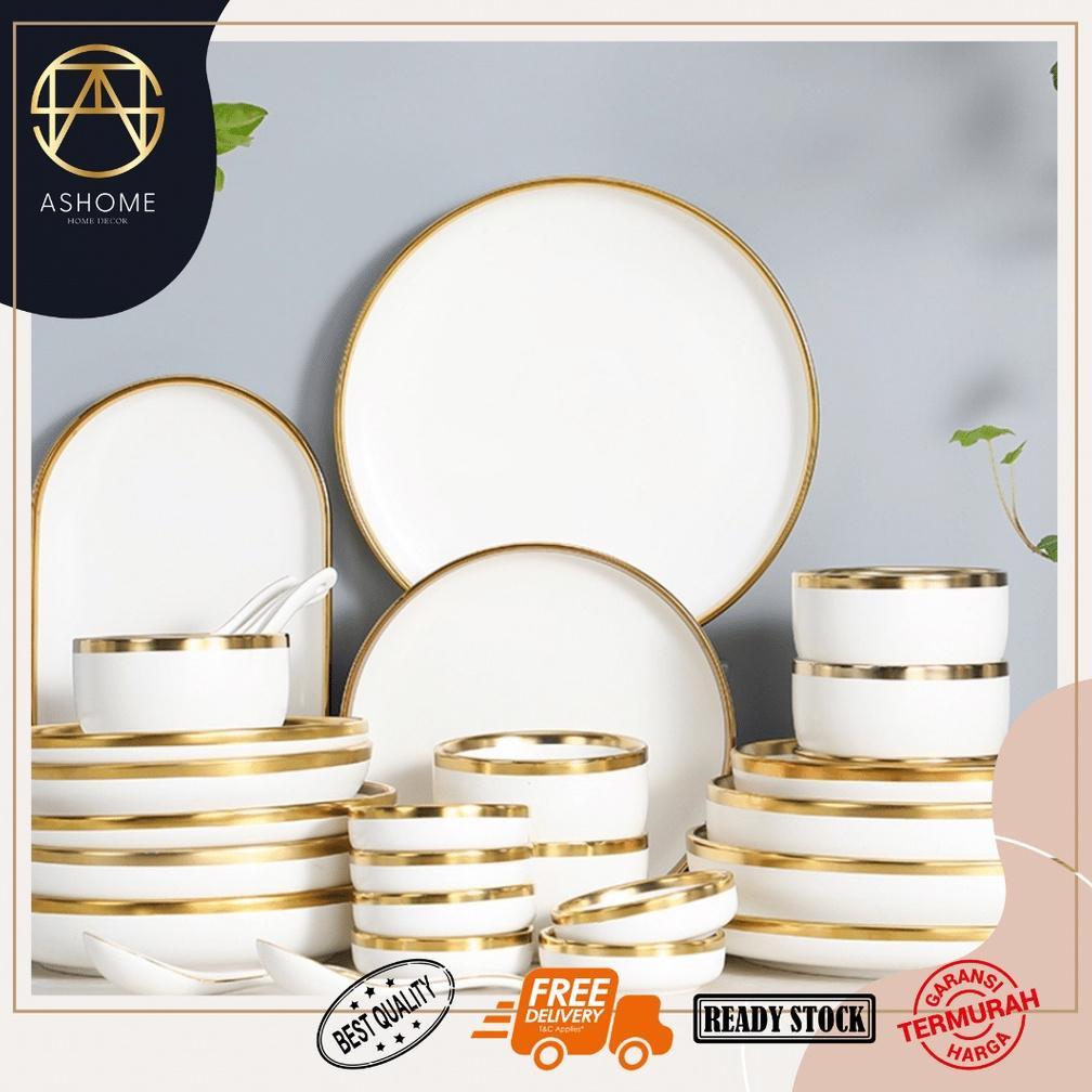 Piring Set 6 Orang Keramik List Gold Elegan Lengkap 26 Pcs / Piring Set Keramik List Emas / Piring S