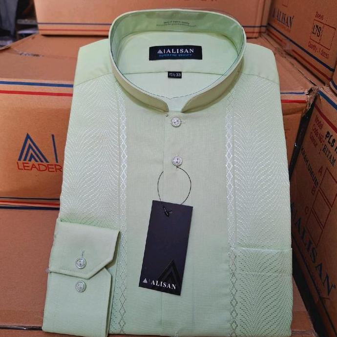 Kemeja Koko Alisan Pria Lengan Panjang Kerah Shanghai Bordir Putih