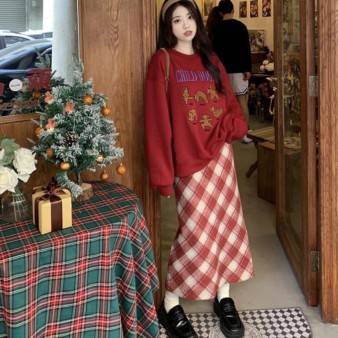 Rok Kotak-kotak Retro Pinggang Tinggi Temperamen Serbaguna Rok A-line Rok Midi Belahan Wanita Kulit 