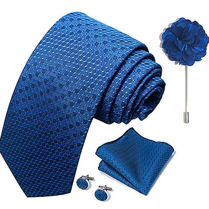 KIAMA - Dasi Set Formal Batik Biru Muda Sky Biru Navy Dongker Biru Tua Cufflink Saputangan Jas Ready
