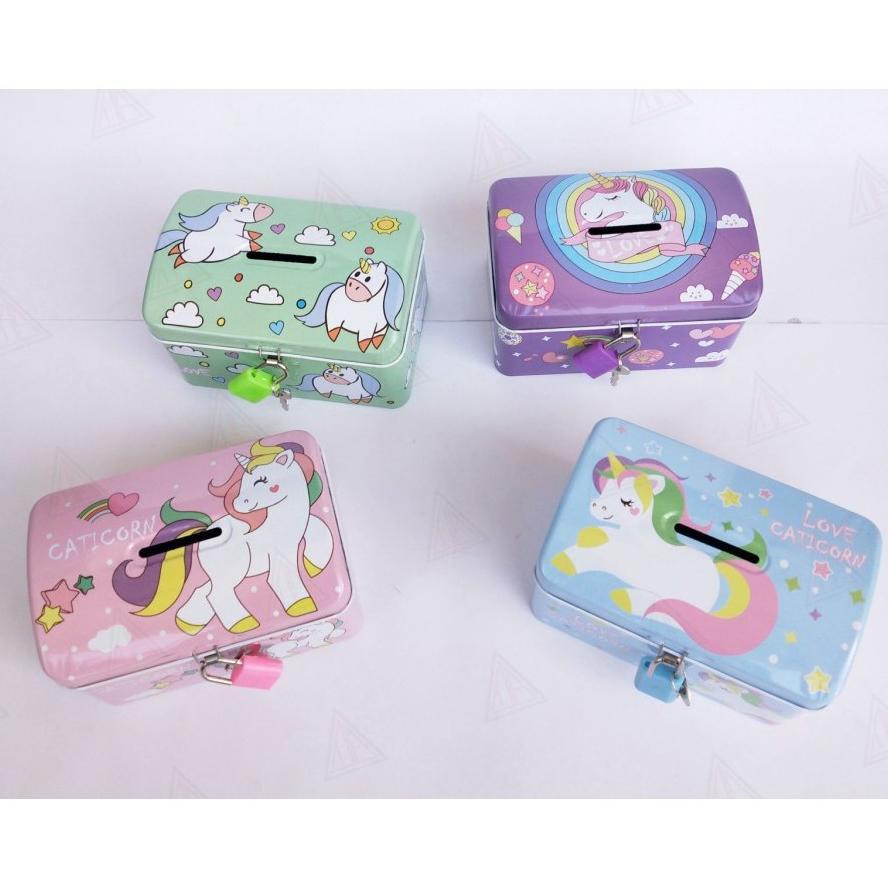 Cl Celengan Kaleng Kunci Saving Box Tempat Penyimpanan Uang Motif Unicorn Celengan Gembok Mini Anak