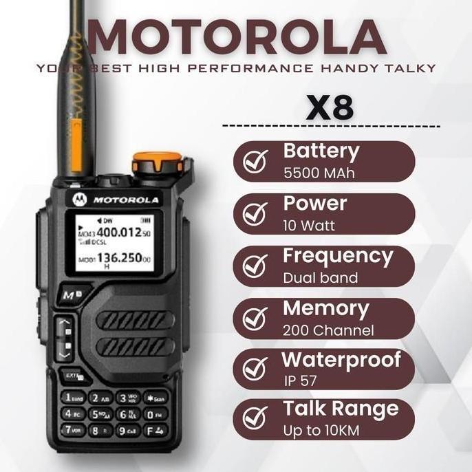 Murah Handy Talkie Motorola X8 Radio Ht Motorola X8 10Watt Dual Band Uhf/Vhf 5500Mah