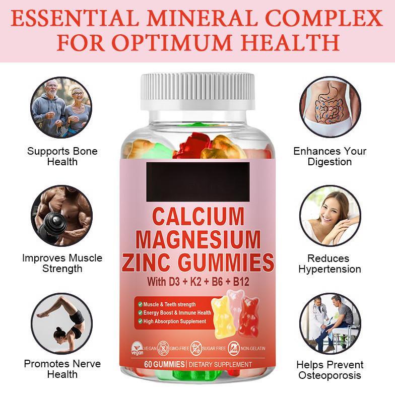 Ready Calcium Magnesium Zinc Gummies 60pcs with Vitamin D3 K2 B6 B12 Supports Bone Health, Nerve Imm