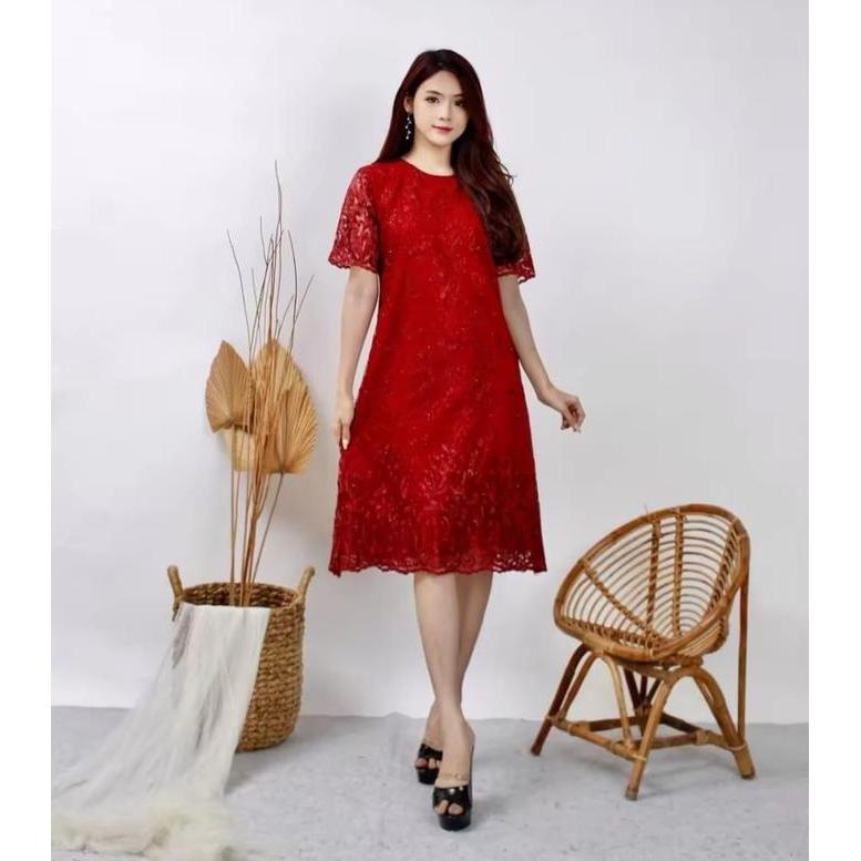 Hadirpopuler- Dress Pendek Cantik Tile Mutiara Terbaru/ Dress Mewah/ Dress Natalan/ Dress Kondangan