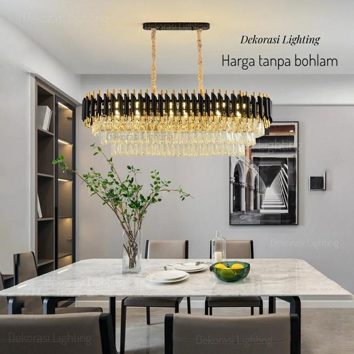 Lampu gantung kristal hitam gold 100cm panjang 15 lampu kristal 3susun