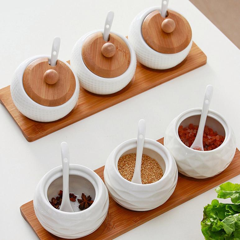 Big Sale Toples Penyimpanan Bumbu Dapur, Set Toples Bumbu Dapur Keramik Combo Jar, Set 3 Buah 3 Topl