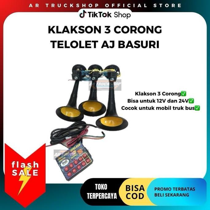 NARDJIOSO Klakson Angin 3 Corong Telolet AJ Basuri 12V/24V Klakson Mobil Truk Bus