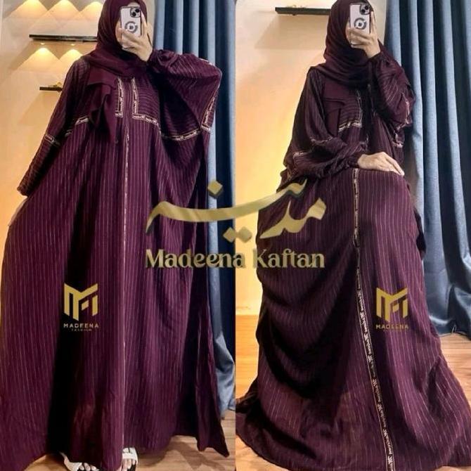 Wxwxw- Madeena Kaftan Motif Salur Gamis Abaya Mewah Wanita Muslimah Dress Panjang Remaja Dewasa Baha