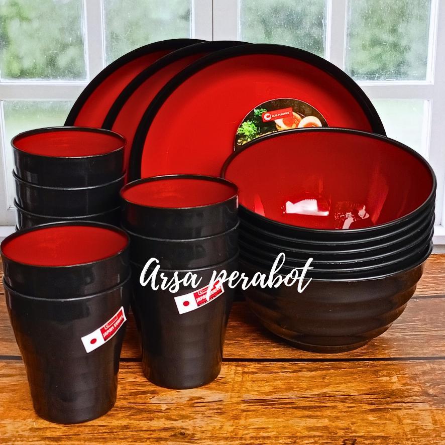 HOT 12PCS RAMEN SEAT GRATIS SENDOK ISI 4PIRING 4MANGKUK 4 GELAS RAMEN HITAM MERAH SUPER MEWAH