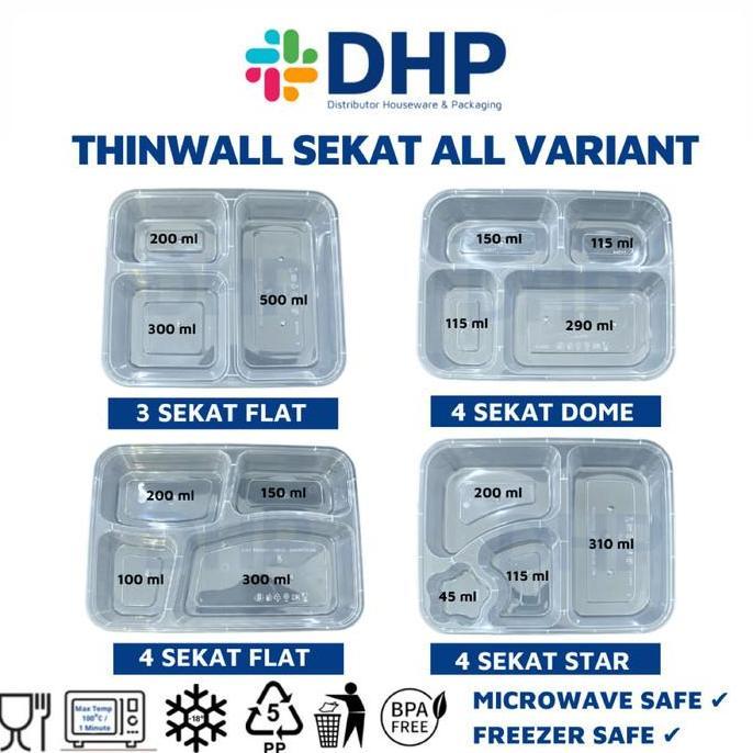 Thinwall Bento 3 Sekat FLAT + Tutup Box Kotak Makan Nasi Plastik