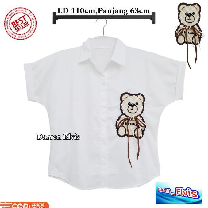 Kemeja Wanita Premium Putih / Logo Bear / Best Seller terlaris