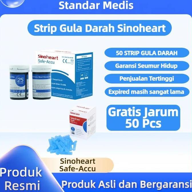 PROMO - Free Jarum Sinocare/Sinoheart Safe Accu Strip Uji Gula Darah (50 Strip) Sinoheart  Sinocare 