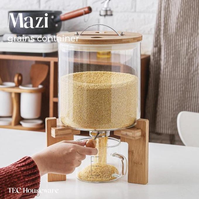 SALE - TECMAZI Rice Dispenser Tempat Penyimpanan Beras Wooden Rice Dispenser Dispenser Beras Kayu Te