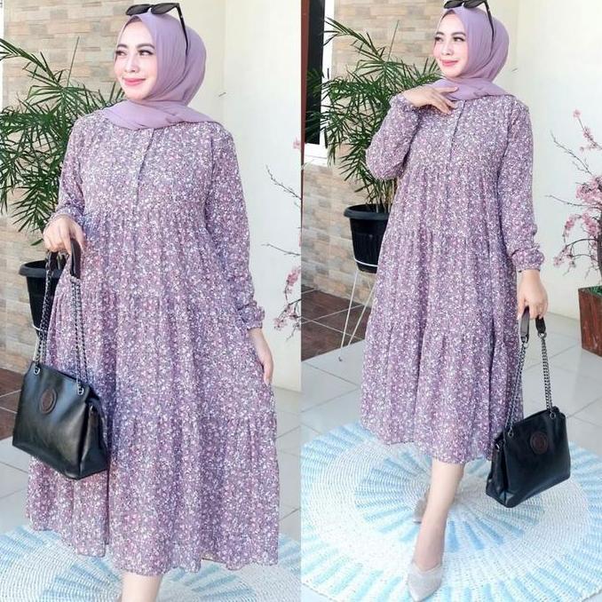 Midi Dress Ceruty Babydoll Premium / Midi Dress Motif Bunga / Dress Ceruty Full Furing / Midi Dress 
