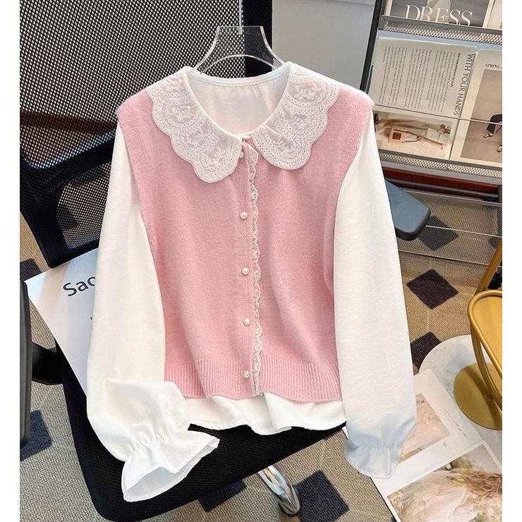 GS - Atasan Vest Rajut Kemeja Satu Set Korea Fashion Girly OOTD | Rajutwear Cute Pita Pita Kerah Ren
