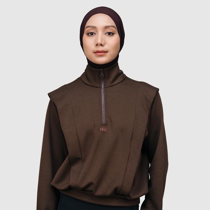 HARGA SAHABAT - HIA Everywear Nomi Half Zip Sport Sweater Brown Oversize Fit Olahraga Running Gym Pa