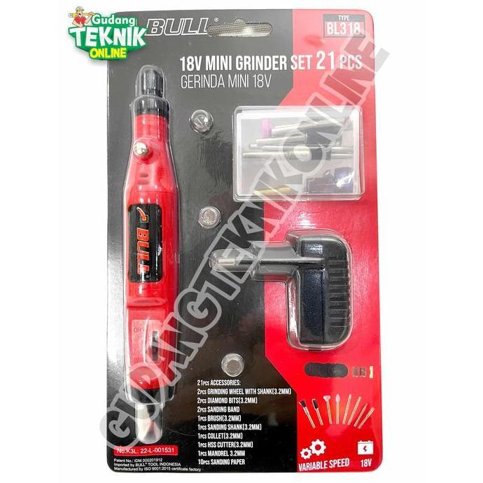 TREBA BULL Mini Die Grinder Set 21pcs 18V BULL BL318 BLISTER / Alat Gerinda Bor Tuner Mini Kecil BL 