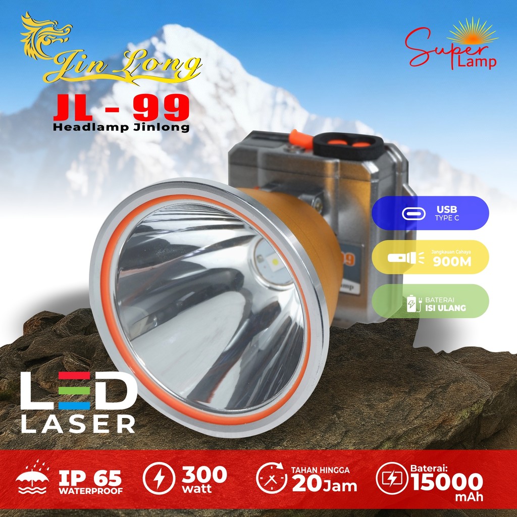Senter Kepala Jumbo Waterproof Jinlong JL-99 300 Watt Charger