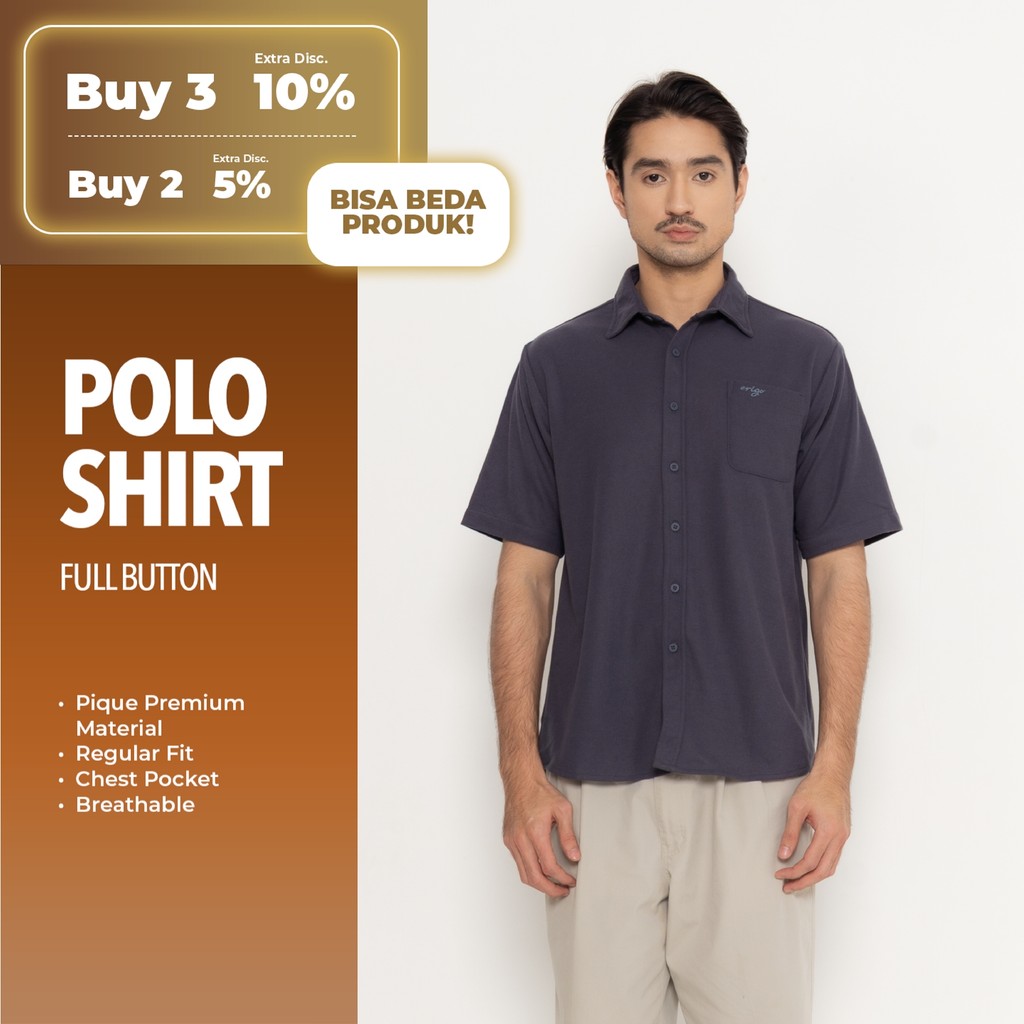 Erigo Polo Shirt Full Button Short Sleeve Fazli Navy - Kemeja Kerah Lengan Pendek Polos Unisex