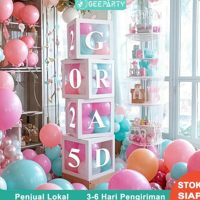 4pcs Putih Emas Box Balon Transparan /Box Balon Dekorasi /Box Huruf Transparan BABY ONE