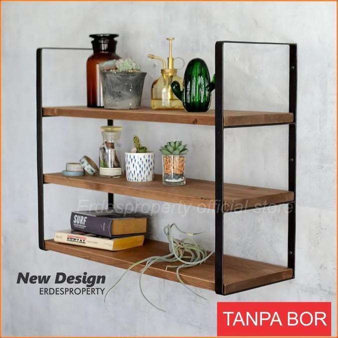 Rak Dinding 3 Ambalan Kayu Besi Buku Make Up Kosmetik Hiasan Dekorasi Kamar Ruang Tamu anti karat pl