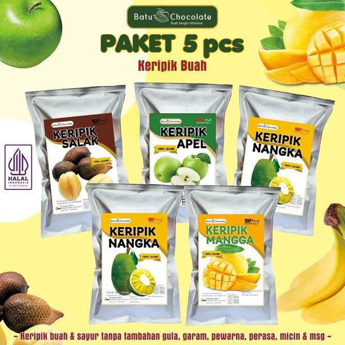 SNACK TERBARU PAKET 5 BUNGKUS KERIPIK BUAH - KERIPIK NANGKA APEL MANGGA SALAK DISKON HARI INI