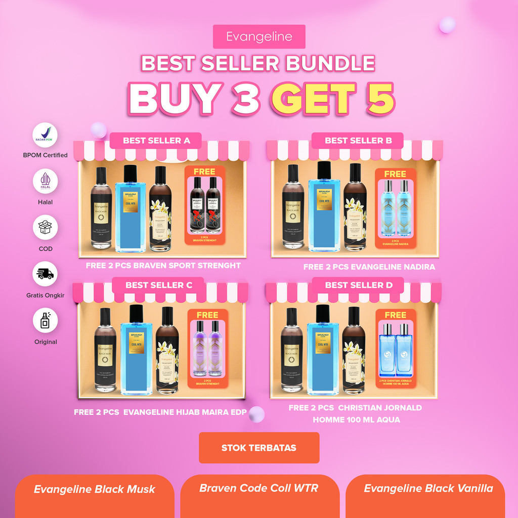 [BEST SELLER BUNDLE] BUY 3 GET 5 | Evangeline Paket Parfum Dapat 5 Botol - Braven Code Cool WT, Evan