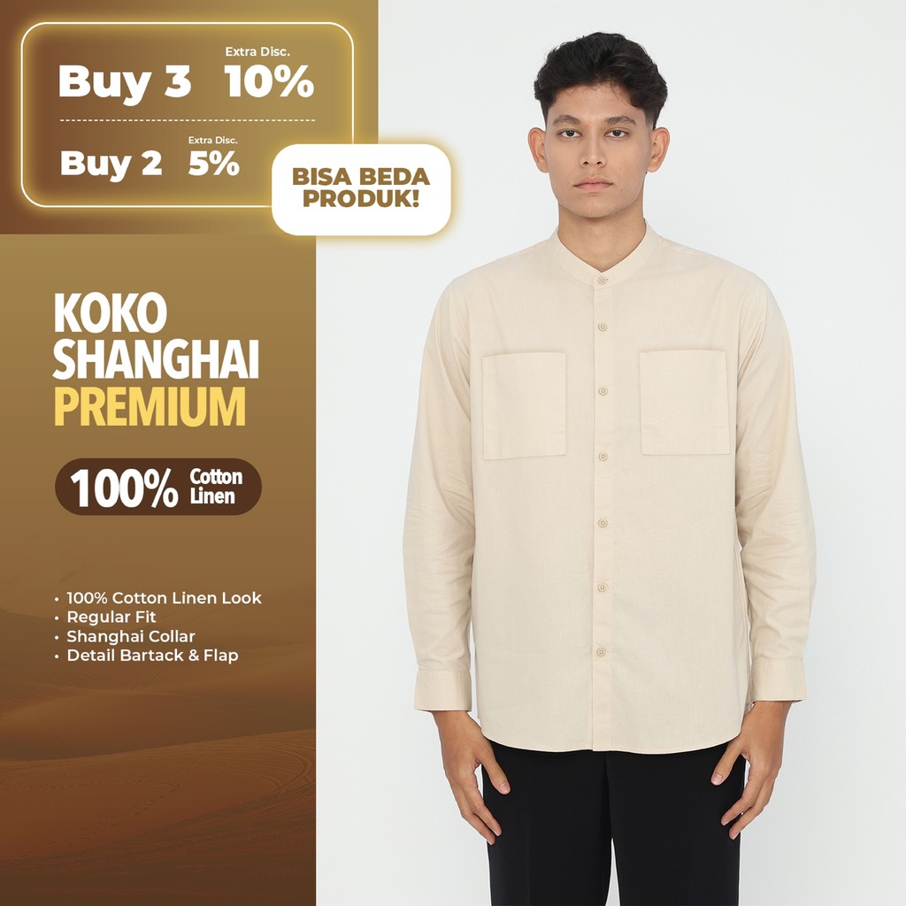 Erigo Koko Shanghai Premium Long Sleeve Azfha Beige - Baju Koko Lengan Panjang Premium Katun Linen U