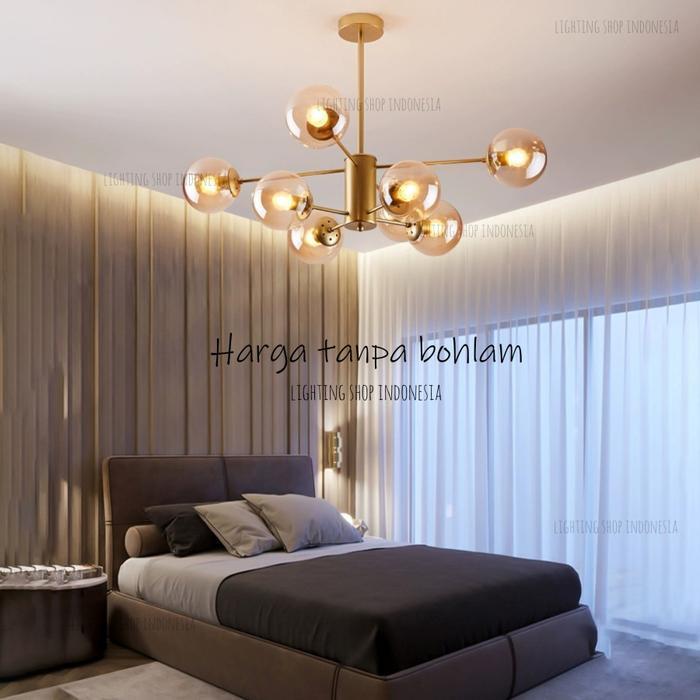 Lampu gantung grey 8 lampu gold modern kaca teh abu ruang kamar