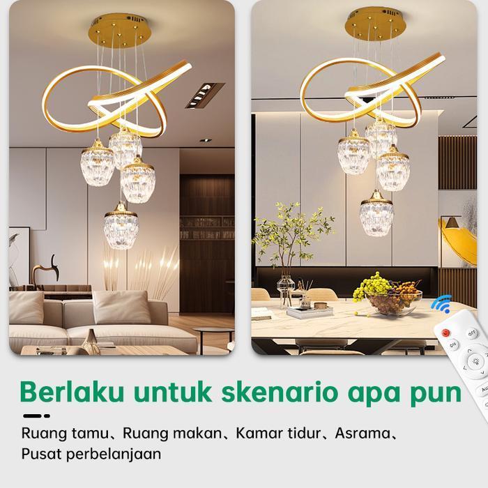 Lampu Gantung Kristal Emas Kontrol 3 Warna 72W Lampu Gantung Ruang Tamu Hias