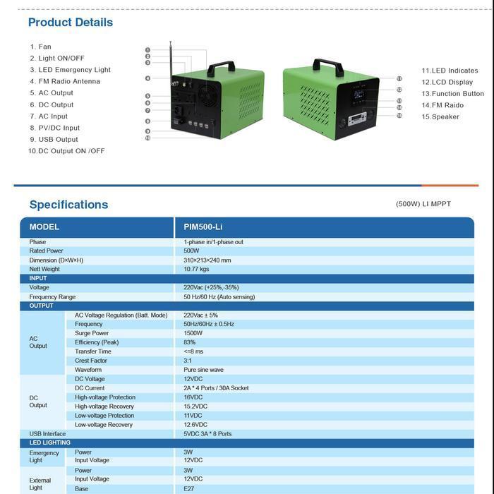 PORTABLE SOLAR POWER GENERATOR 500W KENIKA w/ Radio FM [PIM500-LI]